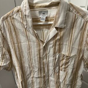 H&M Men's Casual White and Tan Striped Shirt